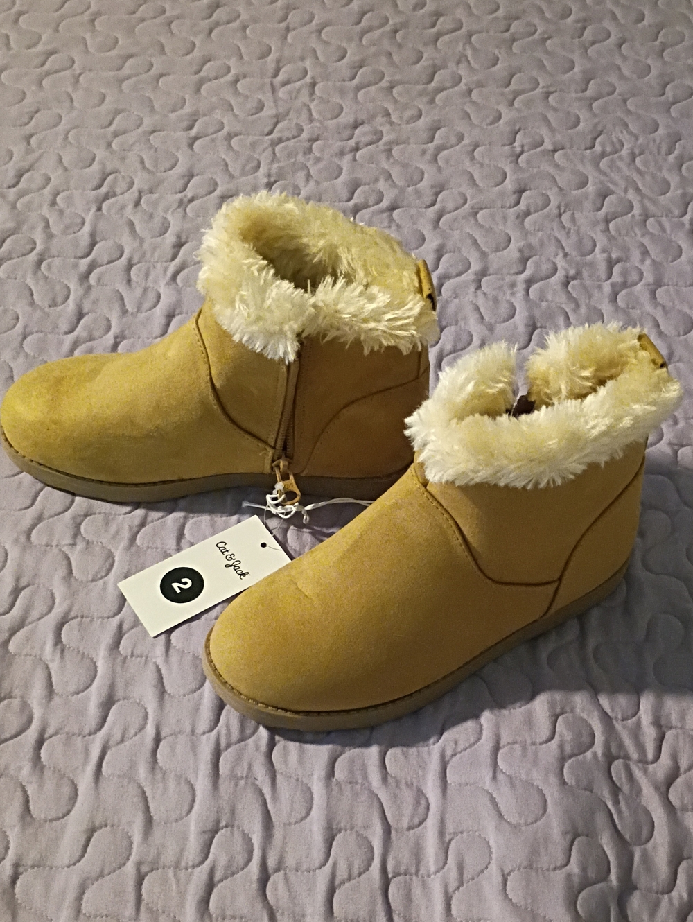 Cat And Jack Faux Suede Ankle Boots with Faux Fur Collar - Tan Size 2